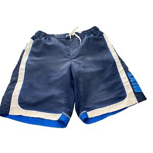 Vintage Nike Navy Blue Athletic Swim Shorts with White and Royal Accents